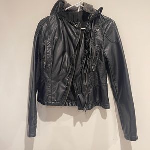 Leather jacket with grey hood